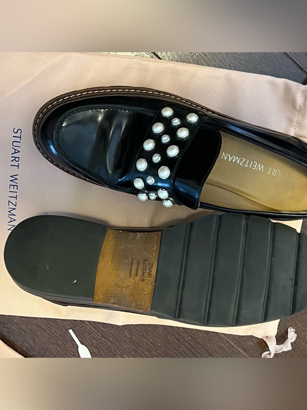 Stuart Weitzman Black Patent Loafers with Pearl Accents